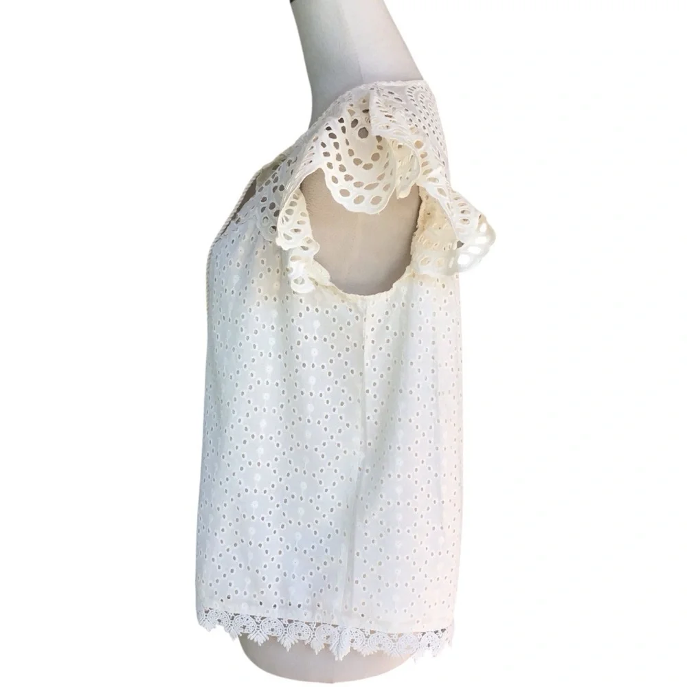 Jennifer & Grace Eyelet Crochet Trim Ruffle Sleeve Blouse in Cream - Picture 5 of 10